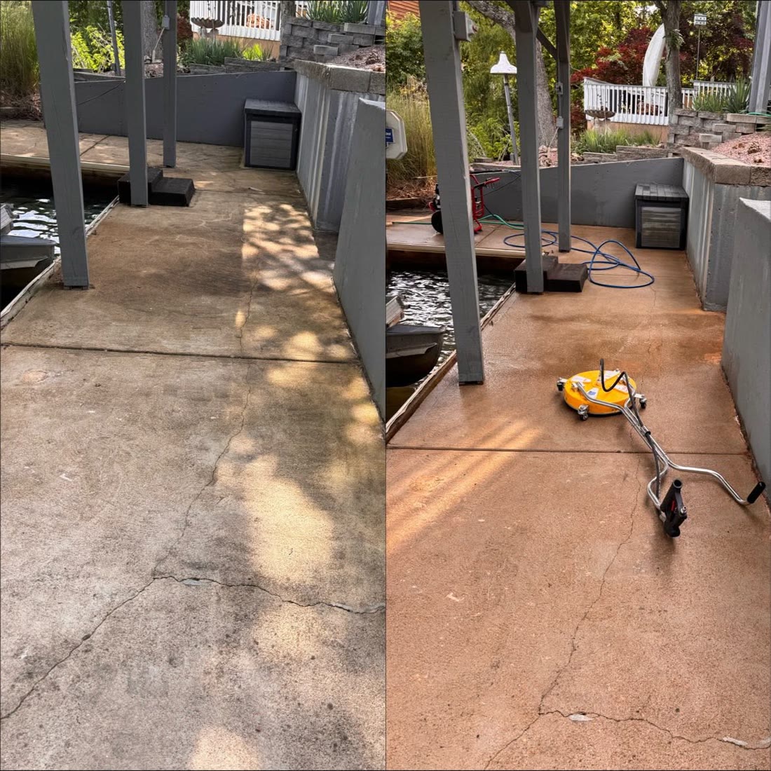 Side by side: a shaded patio before and after washing
