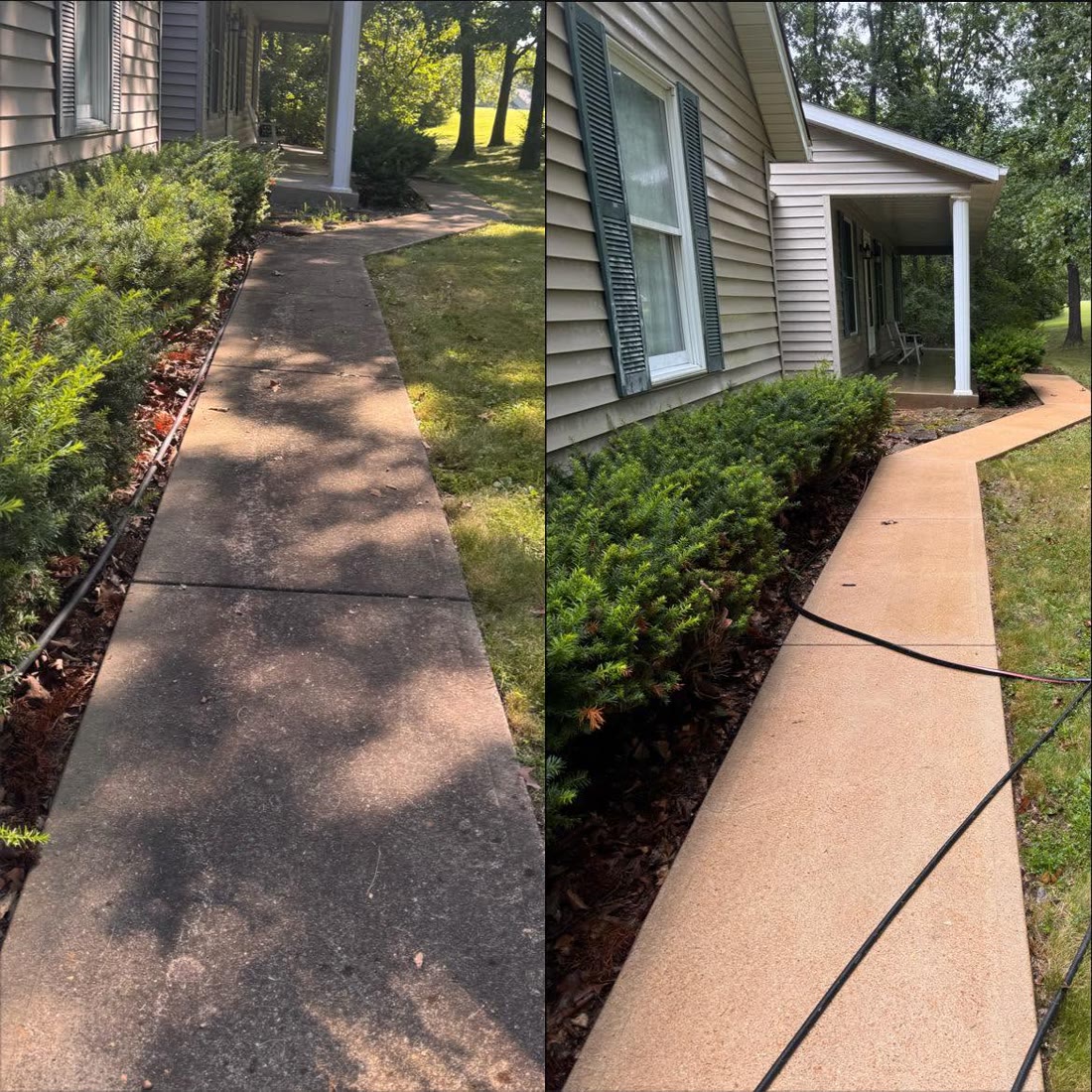 Side by side: a dull sidewalk and the same sidewalk cleaned