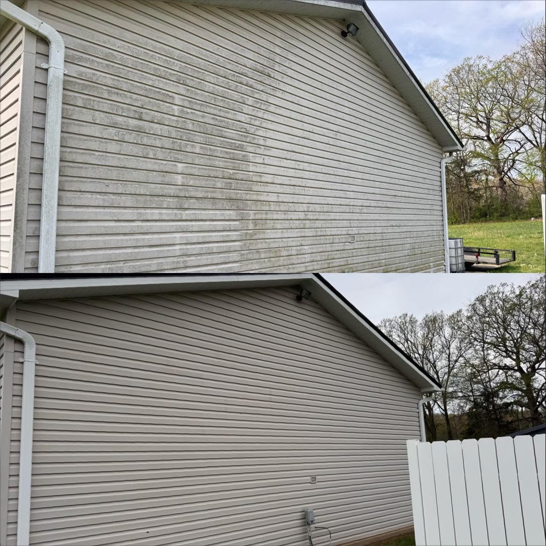 Side by side: algae-streaked siding above, clean siding below