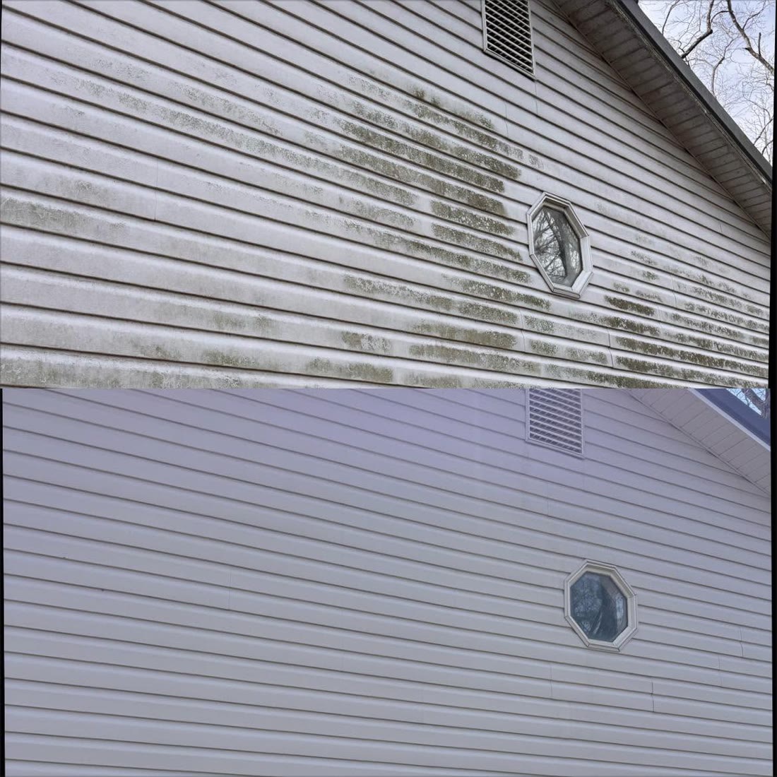 Side by side: mossy siding above and clean siding below