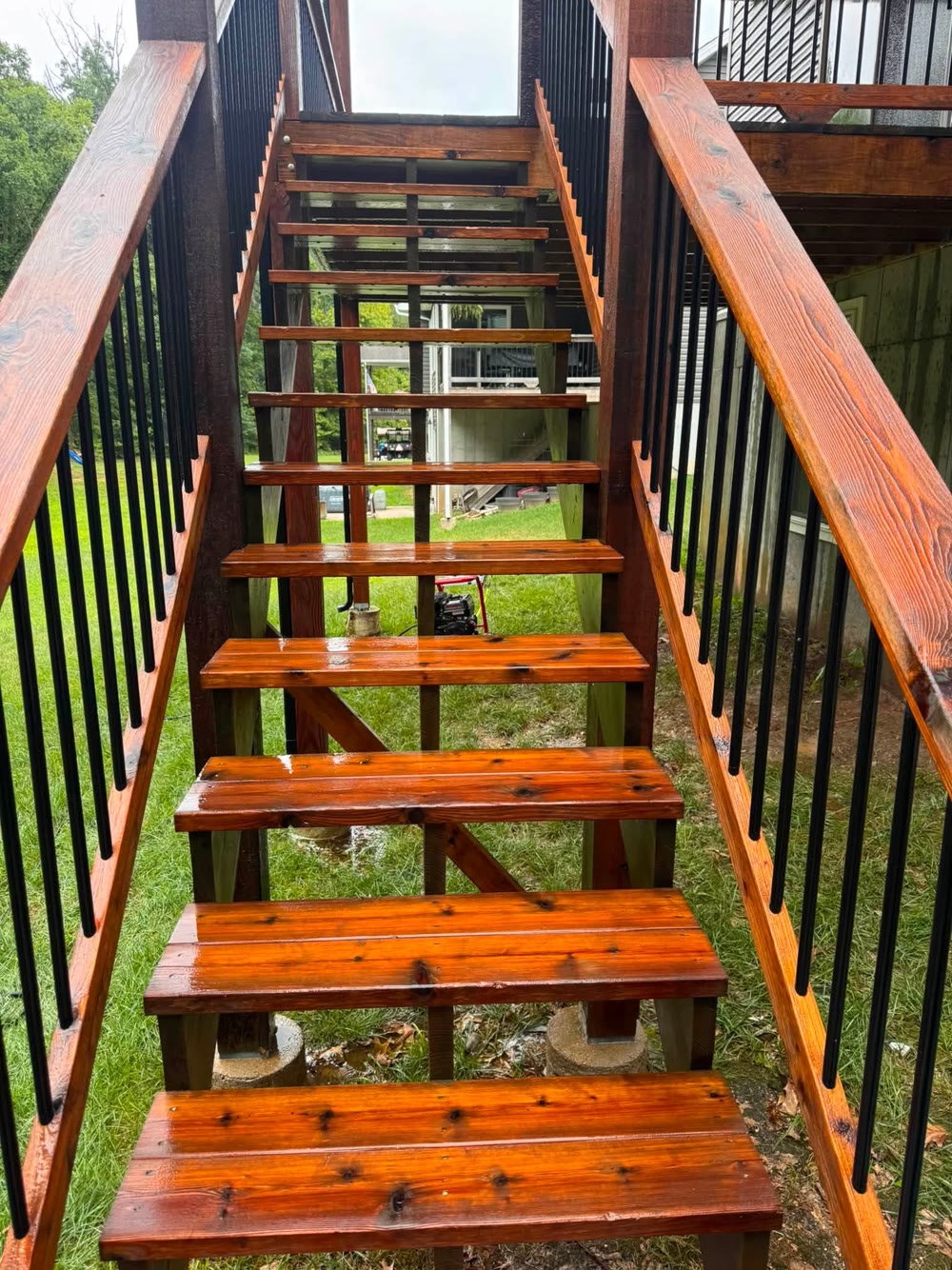 Wooden deck stairs washed to bare clean timber